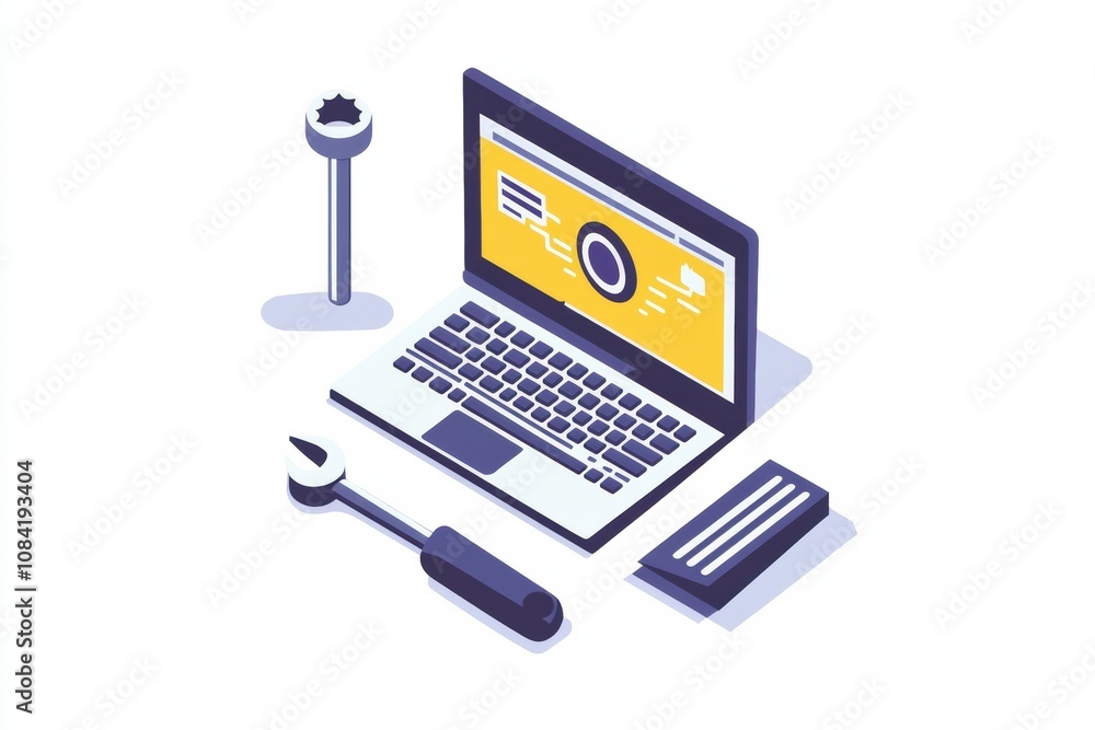 Aufkleber A sleek laptop surrounded by a screwdriver and wrench, indicating a tech repair setting for programming or hardware tasks. Generative AI