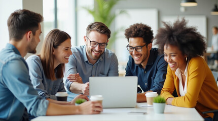Fototapeta premium Team collaborating with a laptop in a bright and casual workspace