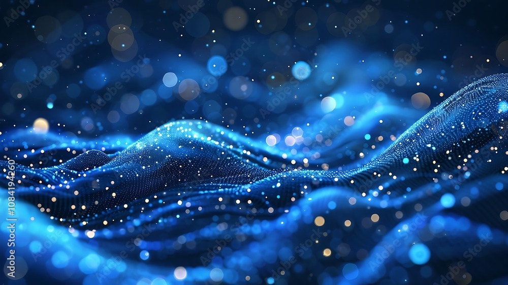 Poster abstract blue background with glowing particles. 3d rendering, 3d illustration.