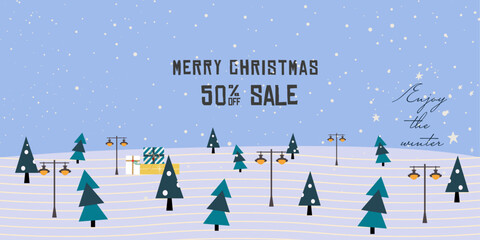 Merry Christmas and Happy New Year card. Xmas design with typography, christmas trees, gifts and snow. Minimal art style. Modern Xmas illustration for poster, greeting card, cover, sale banner.
