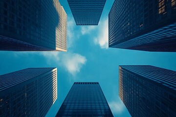 Fototapeta premium Looking Up at Tall Buildings in a Blue Sky