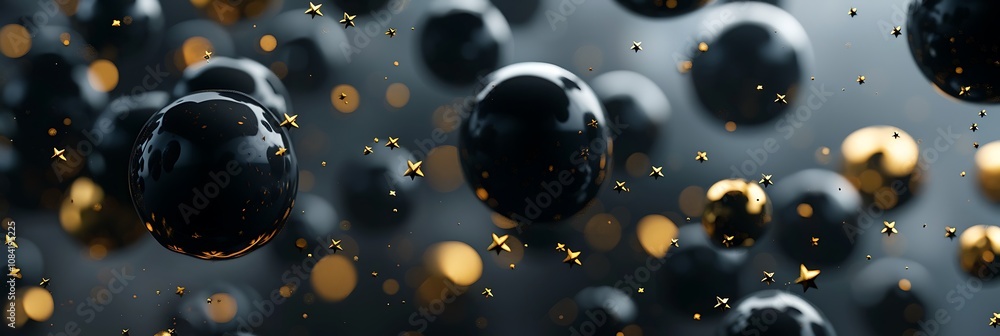 Poster abstract image showcasing floating black and gold spheres against a dark background, creating a dyna