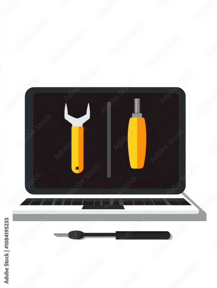 Poster a laptop shows icons of a screwdriver and wrench, symbolizing repair and maintenance tasks in a tech
