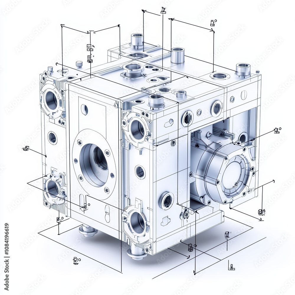 Poster 3d illustration of a mechanical component with technical drawings and details, white isolate backgro