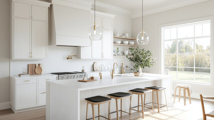 Modern kitchen design features spacious layout with white cabinetry, large island, and stylish bar stools. Natural light floods room, enhancing inviting atmosphere