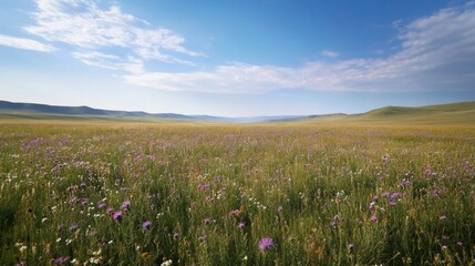 Fototapeta premium A vast prairie under a wide open sky, with wildflowers in bloom and a gentle breeze rustling the tall grasses