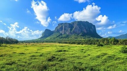 Obraz premium View green plains and beautiful mountain, clear skies, natural landscape panorama, destination background wallpaper AI generated image