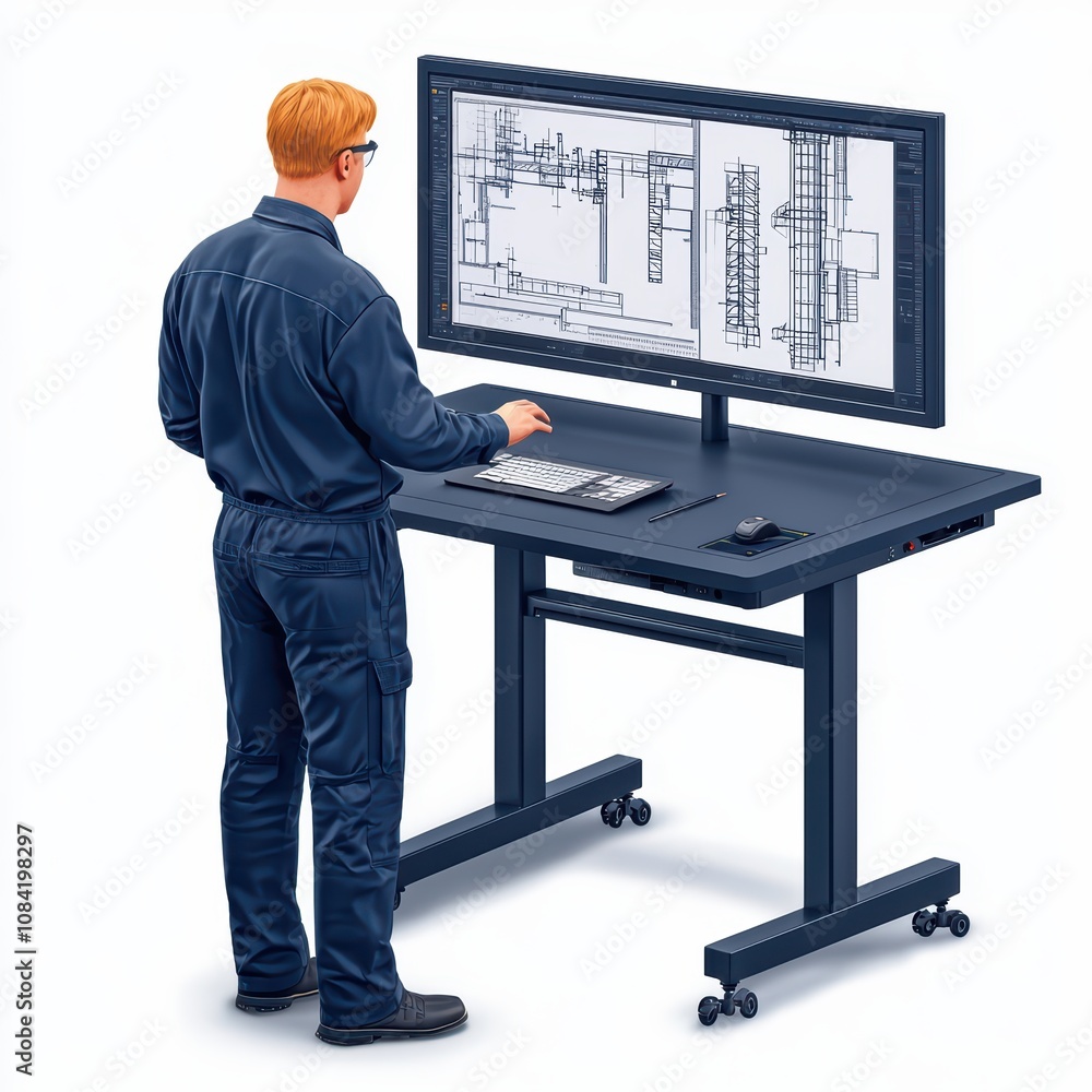 Poster a technician analyzing blueprints at a modern workspace with advanced computer equipment.