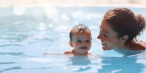 Beautiful young mother teaching her baby hot to swim during swimming lesson in a pool.