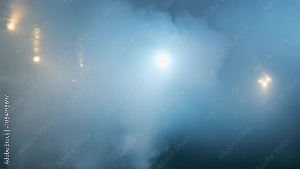 Poster camera dollies parallel to a wall of mist exploding outward in slow motion. soft, diffused lighting 