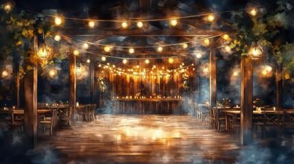 Obraz premium a rustic wedding venue with wooden decor and string lights, cozy and intimate, watercolor style, isolated on white background