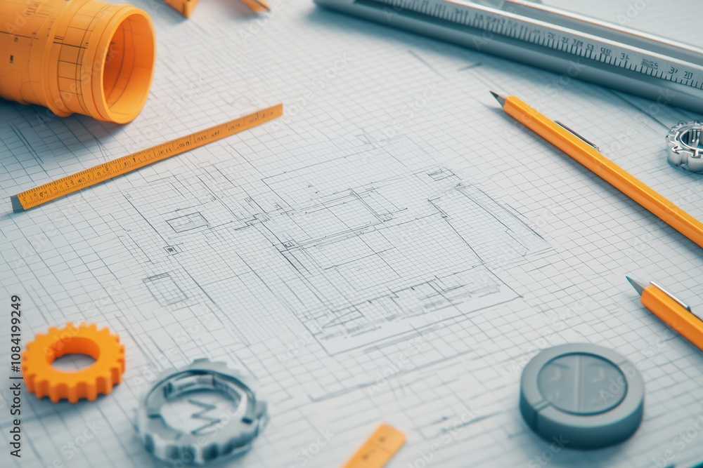 Poster blueprint with drafting tools on a workspace table, showcasing engineering designs and creative proc