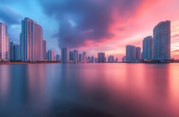 Obraz premium City Skyline with Colorful Sky and Blue and Purple Tones, Sunset Reflection on Water. Sunset or Sunrise evening dramatic sky clouds 