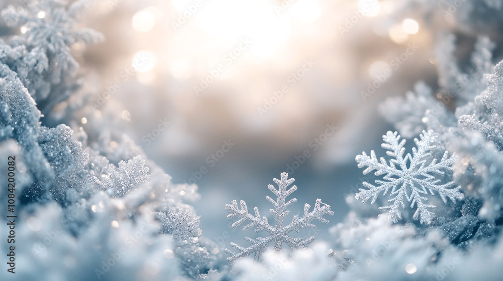 Poster close-up view of delicate snowflakes on frosted branches