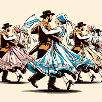 Minimalist pop art depiction of Hava Nagila dance featuring clean lines and even colors of traditional Jewish national costumes. 