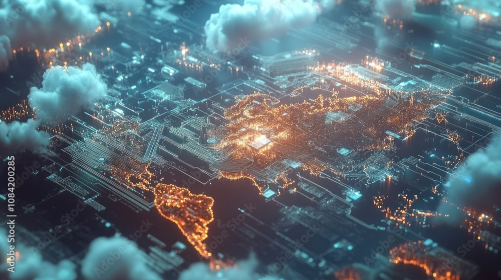 Poster digital abstract map of the world with data connected cyber with clouds around background wallpaper 