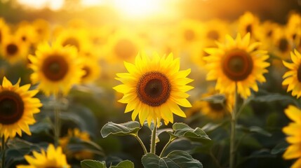 Obraz premium A vibrant sunflower field in full bloom, with bright yellow flowers stretching towards the sun