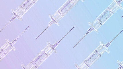 Transparent syringe line drawings positioned diagonally on a smooth gradient background in light blue and lavender, highlighting needle details and capacity markings.