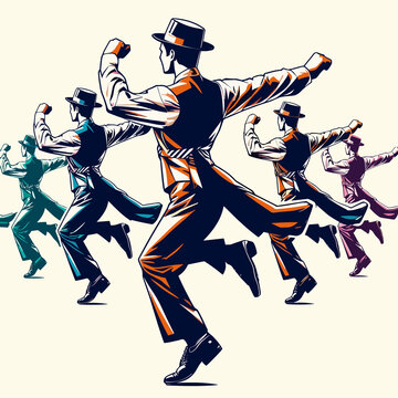 Minimalist pop art depiction of Hava Nagila dance featuring clean lines and even colors of traditional Jewish national costumes