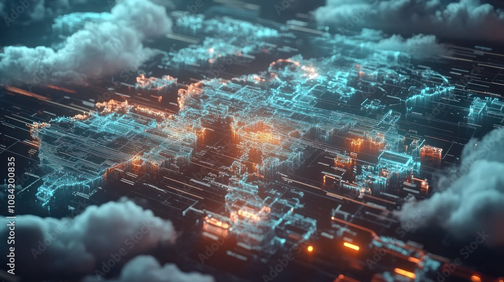 Poster digital abstract map of the world with data connected cyber with clouds around background wallpaper 