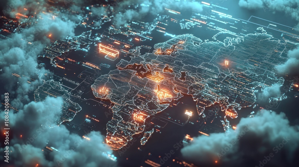 Poster digital abstract map of the world with data connected cyber with clouds around background wallpaper 