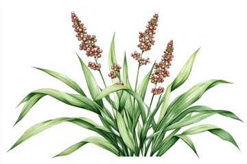 Fototapeta premium Delicate plant with pink flowers and green leaves on a white isolated background.