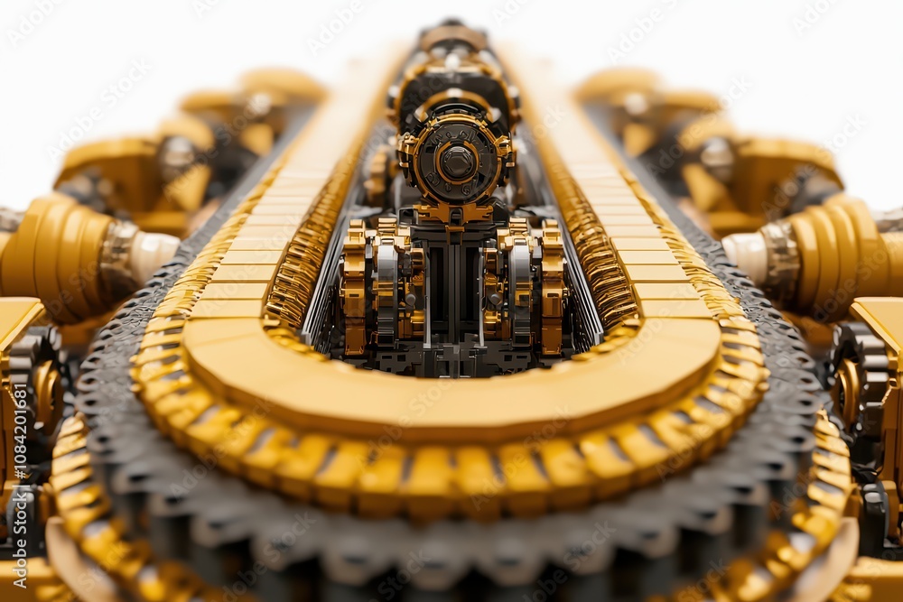 Poster detailed close-up of a mechanical system with gears and chains, showcasing precision engineering.