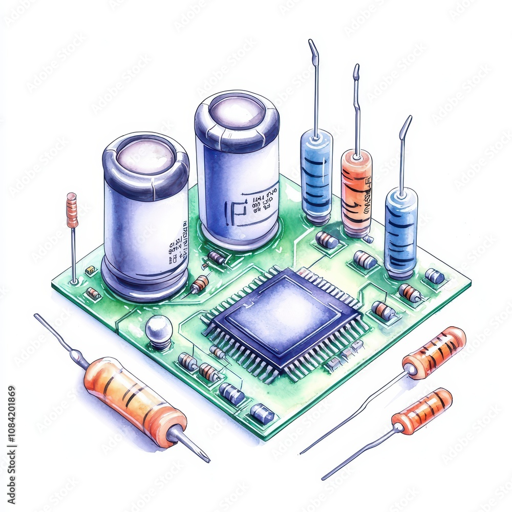 Poster detailed illustration of a printed circuit board with various components on a white isolated backgro