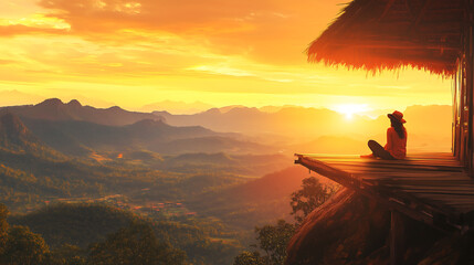 Serene Sunset View from Mountain Cliff Porch – Woman Enjoying Peaceful Nature Retreat