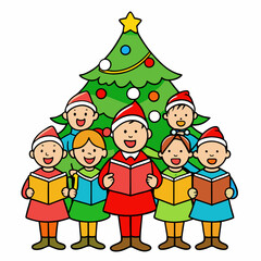 Fototapeta premium Christmas Tree with Carolers Vector Illustration