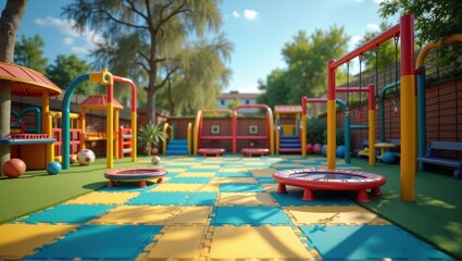 Obraz premium Colorful backyard playground with toys, houses, and a child on a trampoline under a sunny sky. Generative, AI.