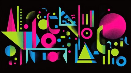 Abstract Composition of Geometric Shapes in Neon Green, Blue, and Pink on a Black Background
