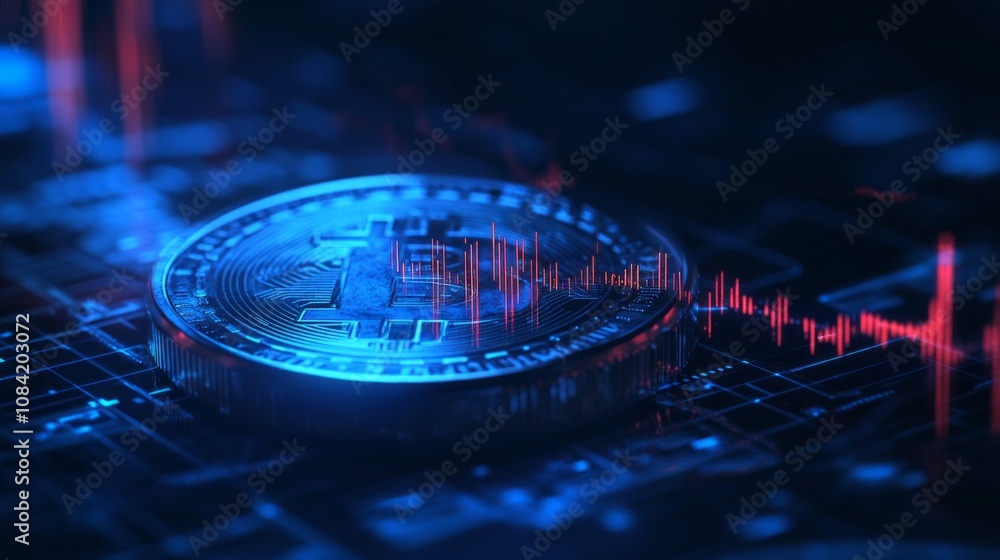 Poster A coin is on a blue background with red lines