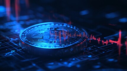 A coin is on a blue background with red lines