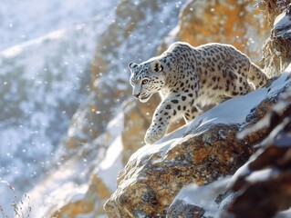 Fototapeta premium A solitary snow leopard carefully navigating a snowy, sunlit mountain slope, surrounded by rugged rocks and falling snowflakes.