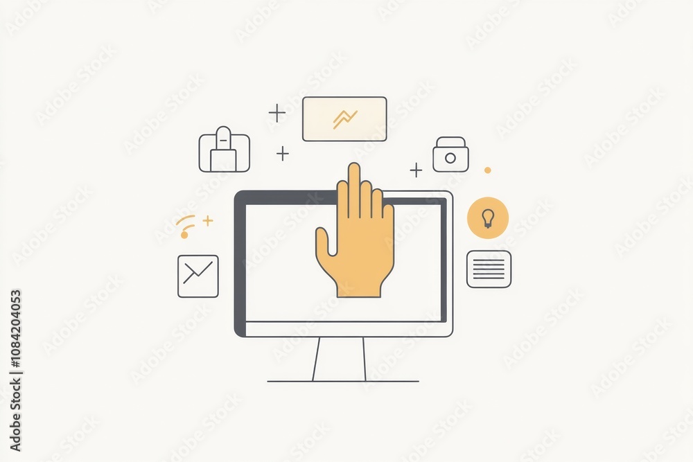 Poster A hand is shown reaching towards a computer display showcasing various icons representing security, settings, and connectivity in a digital context. Generative AI