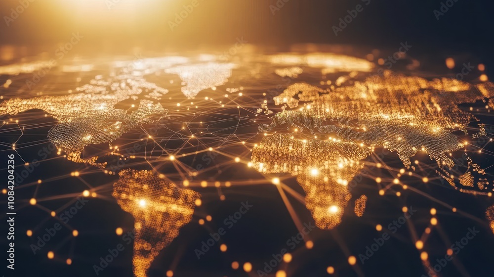 Poster digital world map with shining gold particles connected global geometric network new technology back