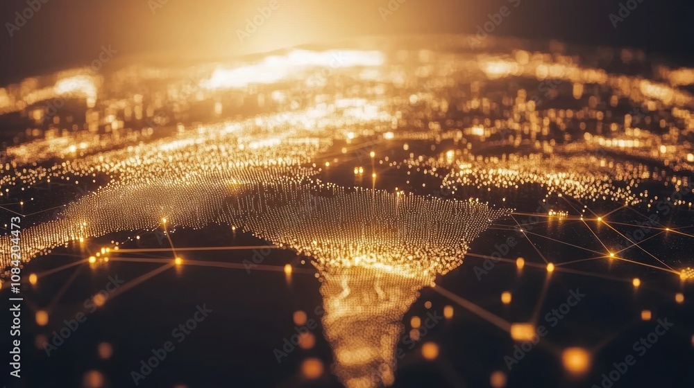 Poster digital world map with shining gold particles connected global geometric network new technology back