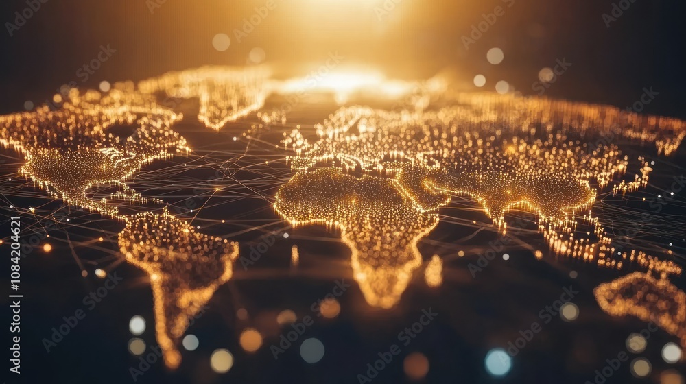 Poster digital world map with shining gold particles connected global geometric network new technology back