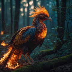 Fototapeta premium A phoenix-like bird glowing with flames in a magical forest.