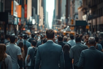 Fototapeta premium Man in Suit Walking Through Busy City Street Crowd2