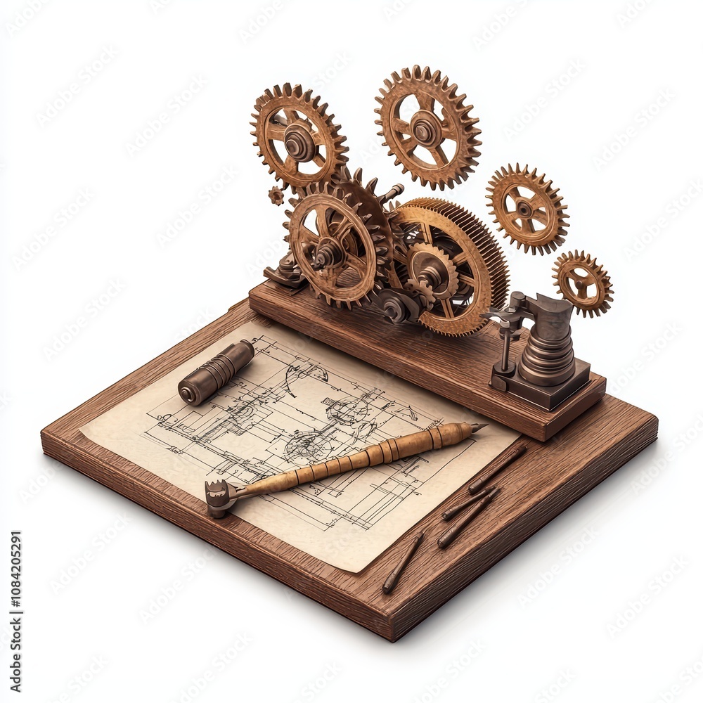 Poster intricate gears and mechanical components with blueprint on wooden base, creative engineering displa