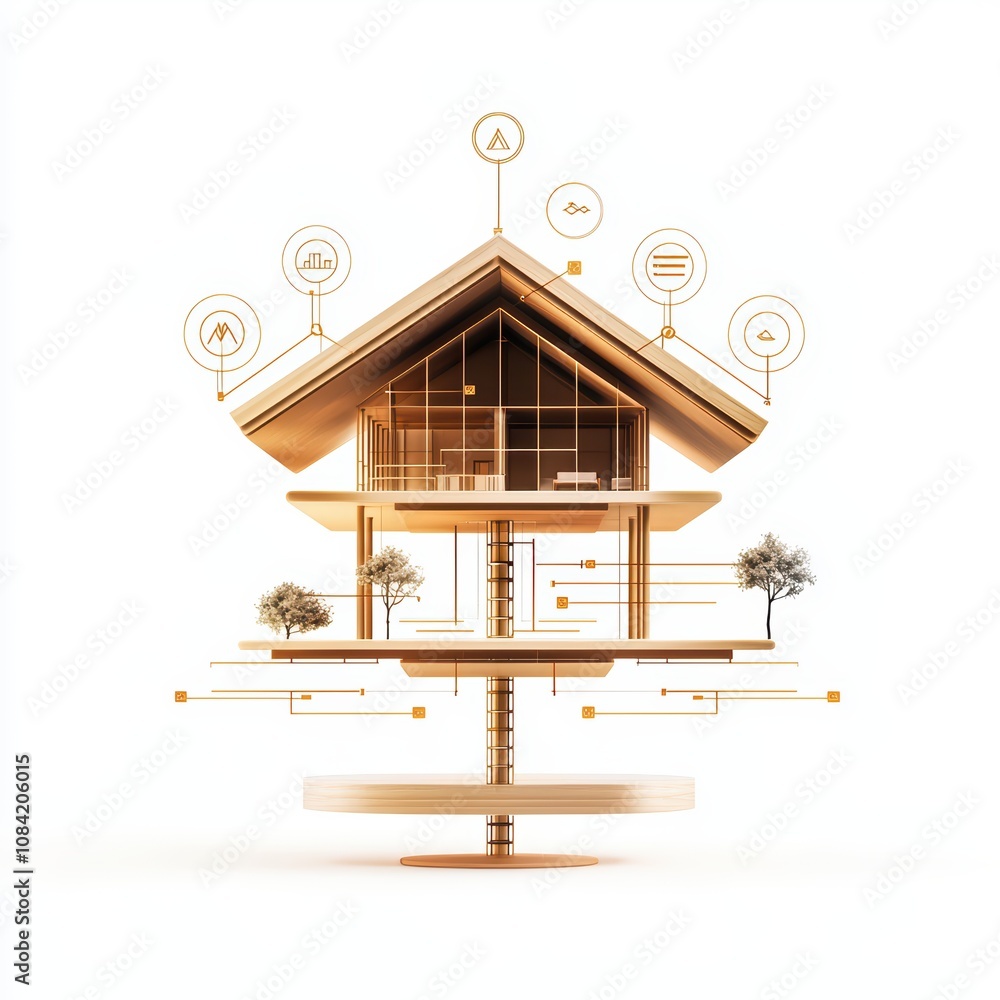 Poster modern architectural design with innovative elements and nature integration, white isolated backgrou