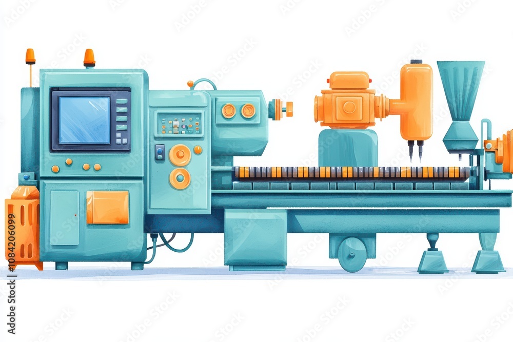 Poster modern lathe machine with digital interface, isolated on white background.
