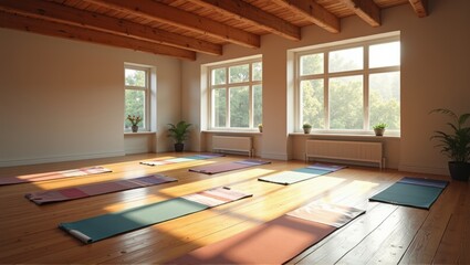 Spacious yoga studio with natural light, wooden floors, and multiple mats laid out. Generative, AI.

