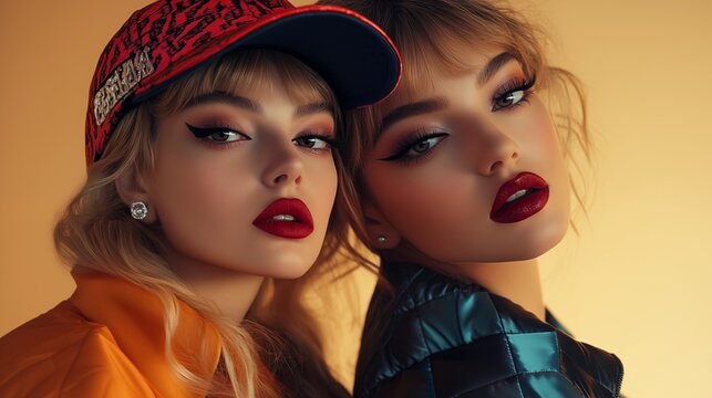 Zwei junge Frauen in moderner Bekleidung der 2020er Jahre mit rot geschminkten Lippen