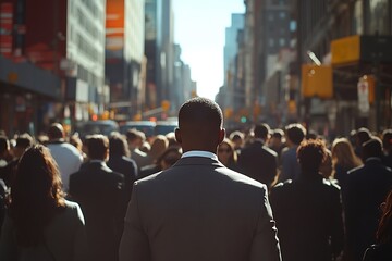 Obraz premium Man in Suit Walking Through Busy City Street with Sunlit Skyscrapers in the Background.