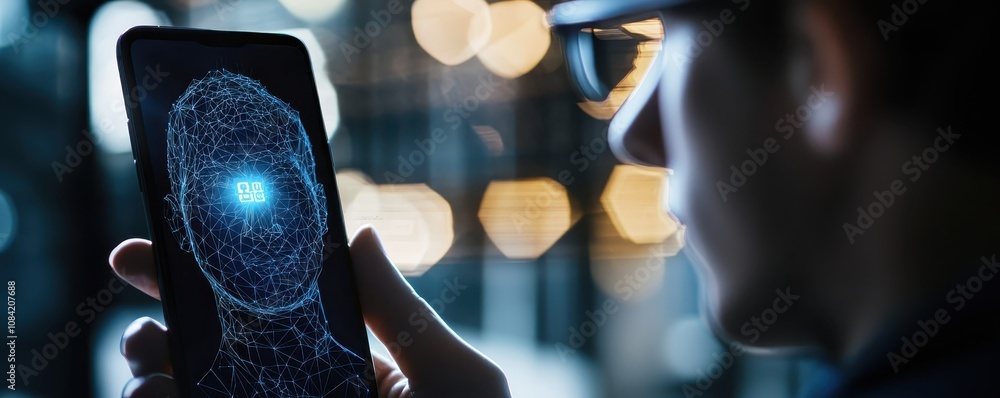 Poster a person examines a smartphone displaying a digital face recognition interface amidst a backdrop of 