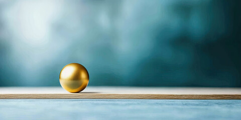 A golden egg resting on a wooden surface against a blurred blue background.