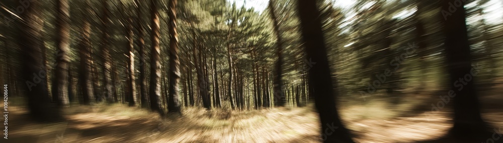 Poster a blurred view of a dense forest, capturing the essence of speed and motion through tall trees and l
